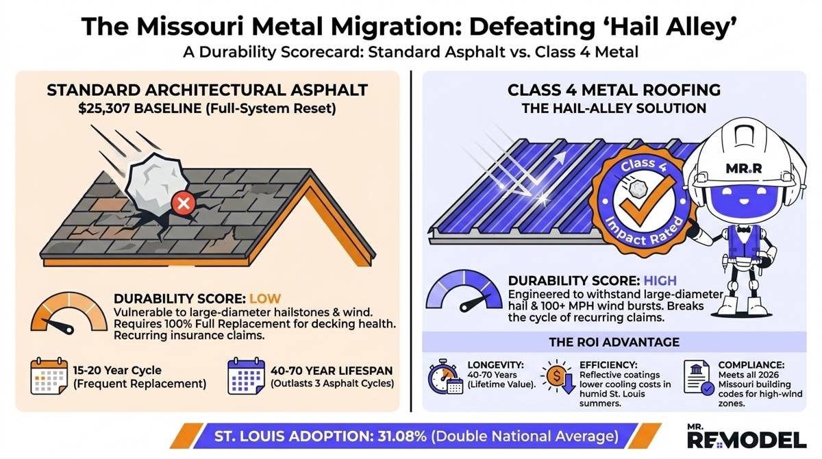 A 2026 St. Louis roofing material summary infographic illustrating the 31% shift toward metal roofing and the technical benefits of Class 4 impact resistance in "Hail Alley."